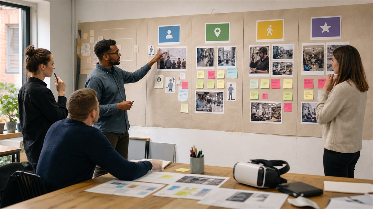 Team mapping the users, setting and outcome for an XR experience